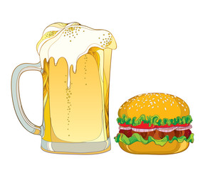 Vector outline classic hamburger with grilled beef and mug with foam lager beer isolated on white background. Fast food drawing in contour style for brewery, pub, food menu design.