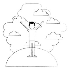 young boy celebratring in landscape avatar vector illustration design