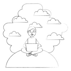 man with computer laptop in landscape character vector illustration design