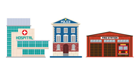 Hospital, fire department, police station, building, flat, vector