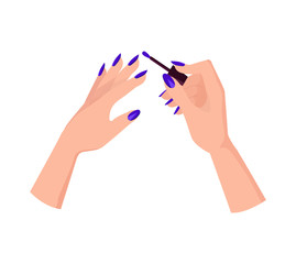 Female Hands with Neat Blue Manicure Hold Brush
