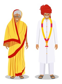 Set of standing together old indian man and woman in the traditional clothing isolated on white background in flat style. Different senior people in the east dress. Vector illustration.