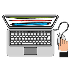 hand with laptop computer and mouse device vector illustration design
