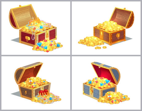 Chest with Treasures Set, Vector Illustration