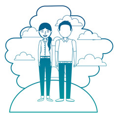 happy couple together standing in landscape vector illustration neon color