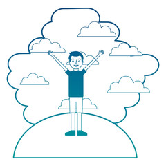 man standing arms up in landscape clouds sky vector illustration neon color