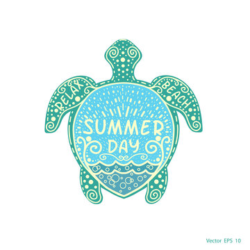Sea turtle with pattern .Summer day.Vector illustration.