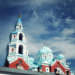 Spaso-Preobrazhensky Cathedral of Valaam Monastery. View from below. Sunny summer day. Aged photo.  Island of Valaam, Republic of Karelya, Russia.