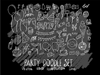 Hand drawn Sketch doodle vector line Party element icon set on Chalkboard eps10