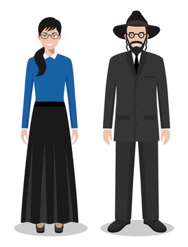 Set of standing together jewish man and woman in the traditional clothing isolated on white background in flat style. Differences Israelis in the national dress. Vector illustration.