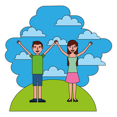 couple celebrating in landscape isolated icon vector illustration design