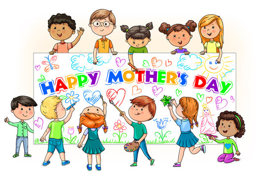 Cute cartoon kids different nationalities hold and paint banner happy mothers day