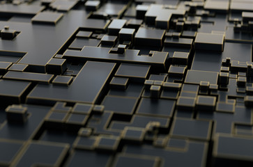 Abstract 3D rendering of surface with random cubes and electronic shapes. futuristic science fiction city with lines and low poly shape.