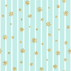 Christmas gold snowflake seamless pattern. Golden glitter snowflakes on blue white lines background. Winter snow texture design wallpaper Symbol holiday, New Year celebration. Vector illustration