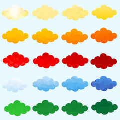 Set multicolor polygonal clouds icon. Abstract vector graphic illustration composed of triangles.