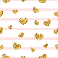 Gold heart seamless pattern. Pink-white geometric stripes, golden confetti-hearts. Symbol of love, Valentine day holiday. Design wallpaper, background, fabric texture. Vector illustration