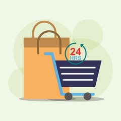 shopping cart bag gift 24 hours servive online vector illustration