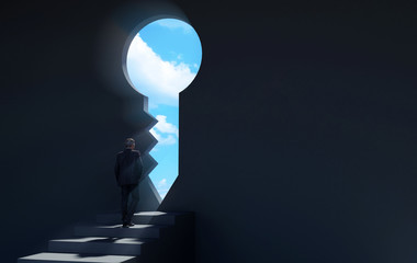 Businessman walking on stairway in dark room through key shaped door revealing blue sky for new opportunities, 3D rendering © G3D Studio