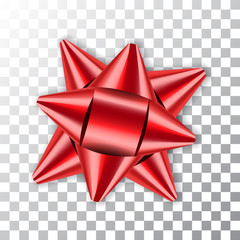 Red bow 3d ribbon decor element package Shiny color satin decoration gift present isolated white transparent background. Christmas New Year celebration, birthday holiday design. Vector illustration