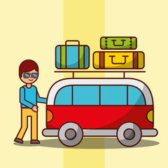 cartoon man and van car travel baggage on roof vector illustration