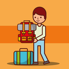 man cartoon carrying backpack and suitcase travel vector illustration