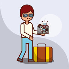 time to travel cartoon boy in glasses with photography camera and suitcase vector illustration