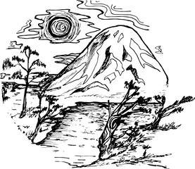 Black and white landscape with mountains, sun, clouds and trees.