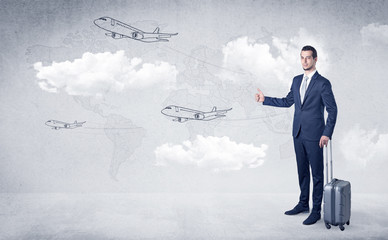 Businessman hitchhiking with flying airplanes cloud and map concept
