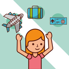 Fototapeta premium time to travel girl tourist airplane suitcase airticket vector illustration