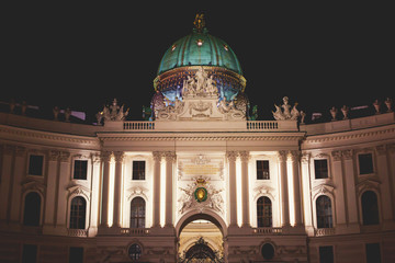 View of Hofburg imperial palace facade exterior with Heldenplatz, Vienna Old Town Historic Center,...