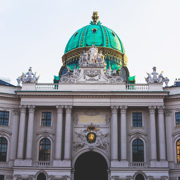 View of Hofburg imperial palace facade exterior with Heldenplatz, Vienna Old Town Historic Center, Austria
