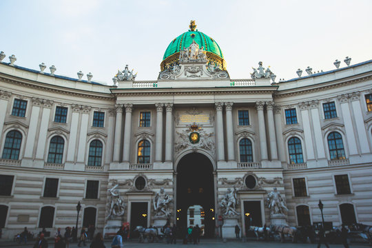 View of Hofburg imperial palace facade exterior with Heldenplatz, Vienna Old Town Historic Center, Austria