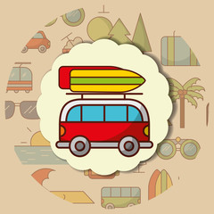 time to travel van with surfboarding vacations concept vector illustration