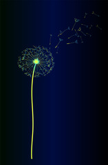 Neon sticker dandelion close-up on a blue gradient background. The idea for a stamp, logo, vector