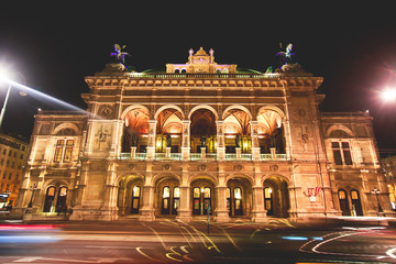 Night view of Vienna State Opera building facade exterior, Austria