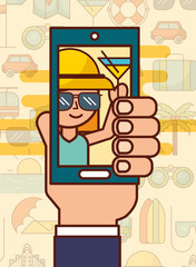 hand holding smartphone photo girl with cocktail vacations vector illustration