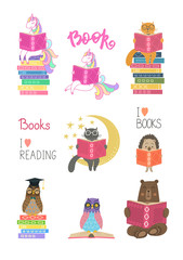 Naklejka premium Set of animals reading books on white background. Education, reading, studying, learning vector illustration.