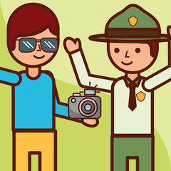 time to travel boy traveler and explorer happy vector illustration