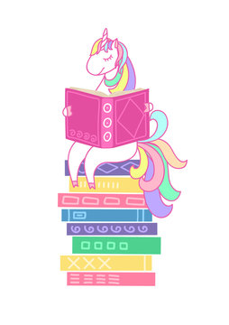 Unicorn reading book on stack of books on white background. Education, reading, studying, learning vector illustration.