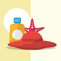 summer time beach sunblock bottle hat and starfish vector illustration