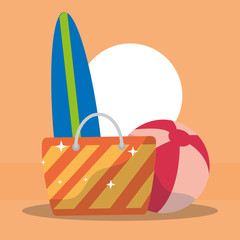 summer time beach ball bag and surfboard vector illustration