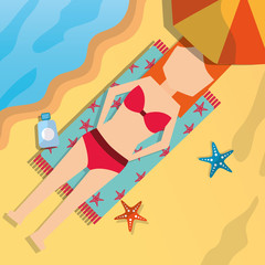 summer time - beach woman lying in towel with umbrella sunblock starfishes top view vector illustration