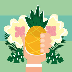 summer time hand holding tropical pineapple flowers natural vector illustration