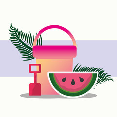 summer time beach bucket shovel and watermelon fruit tropical vector illustration