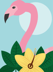 summer time tropical flamingo animal bird exotic flower vector illustration