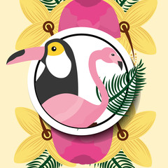 summer time tropical animals toucan and flamingo vector illustration