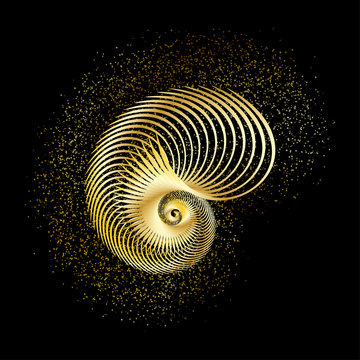 Vintage vector shell glitter gold on black backdrop. Retro art Deco summer background