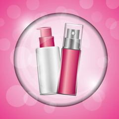 perfume and spray lotion cosmetics makeup pink blur background vector illustration