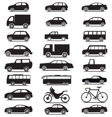 Transporting vehicle icon silhouette collection with car, van, truck, lorry, bus, bicycle, motorcycle, jeep icon set - 204677996