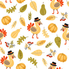 Funny seamless pattern with cartoon turkey